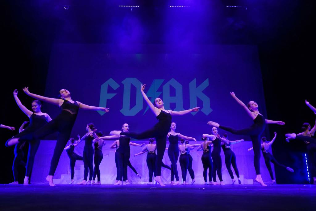Dancers rehearse Forever Dances 10th Anniversary Company Showcase, Down Memory Lane, at Kenai Central High School in Kenai, Alaska, on Wednesday, March 26, 2025. (Jake Dye/Peninsula Clarion)