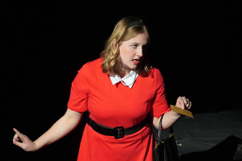 Amara Ransom, part of the cast of Seward High School Theatre Collectives Charlie and the Chocolate Factory rehearses on Thursday, April 3, 2025. (Jake Dye/Peninsula Clarion)