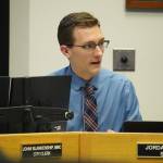 Council member Jordan Chilson speaks during a Soldotna City Council work session on the Soldotna Field House in Soldotna, Alaska, on Wednesday, April 9, 2025. (Jake Dye/Peninsula Clarion)