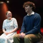 Emerson Kapp and Elias Bouschor rehearse Our Town in the Soldotna High School Auditorium in Soldotna, Alaska, on Friday, April 18, 2025. (Jake Dye/Peninsula Clarion)