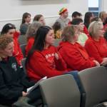 Dozens of supporters of Sterling Elementary School fill the assembly chambers during a special meeting of the Kenai Peninsula Borough School District Board of Education in Soldotna, Alaska, on Wednesday, April 23, 2025. (Jake Dye/Peninsula Clarion)