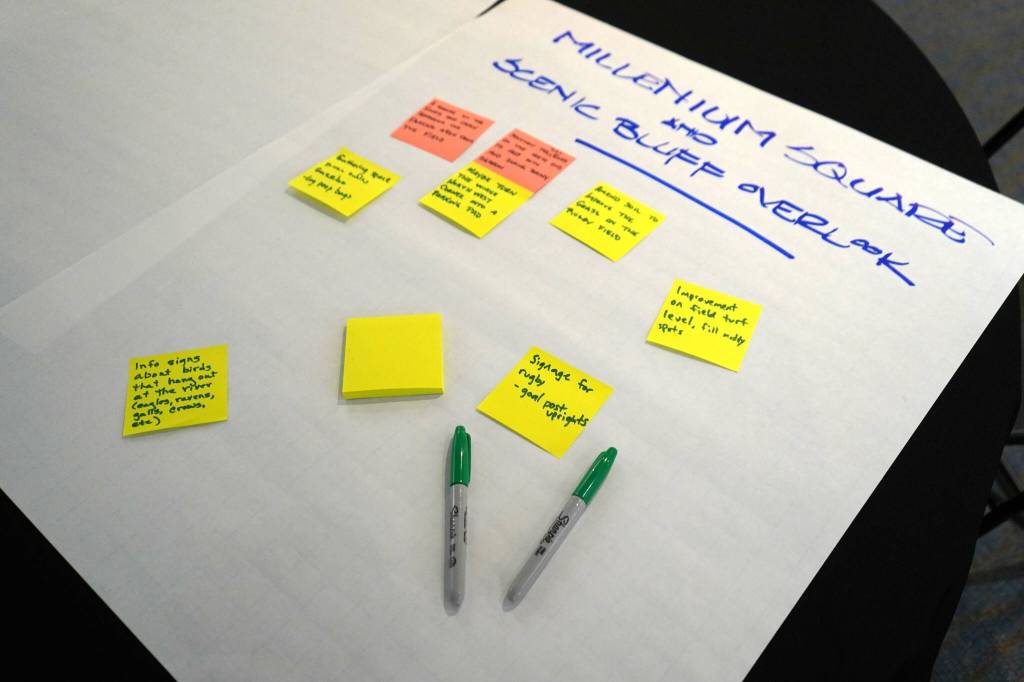 Sticky notes are filled with input on Kenais parks and recreation facilities and programs during the kickoff for a development of a parks and recreation master plan in Kenai, Alaska, on Tuesday, April 29, 2025. (Jake Dye/Peninsula Clarion)