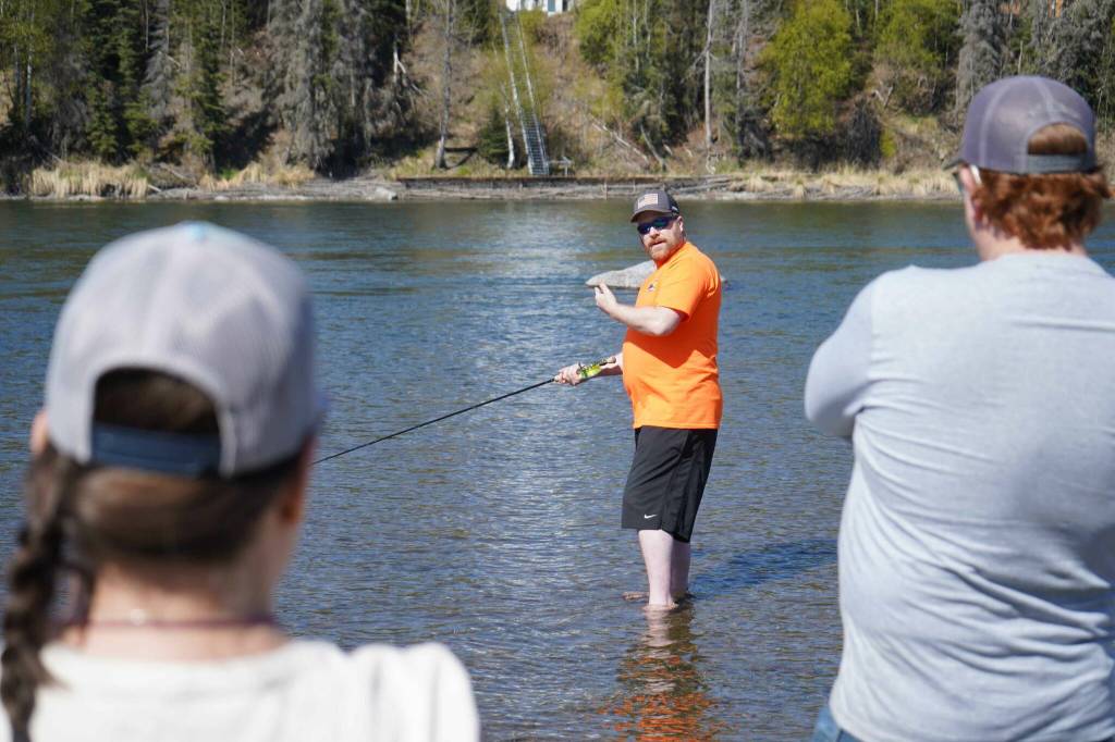 Greg Springer delivers a presentation on sockeye fishing during A Day at the River at Centennial Park in Soldotna, Alaska, on Saturday, May 10, 2025. (Jake Dye/Peninsula Clarion)