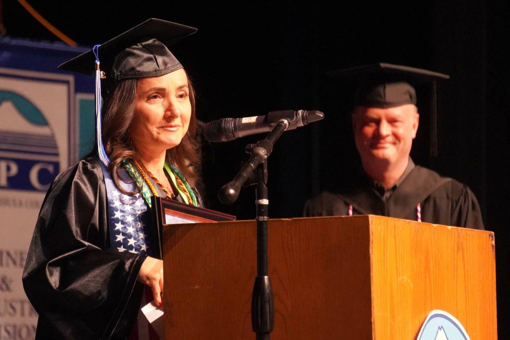 Josirene Nutter is honored with the Staff Choice award during the 55th Annual Kenai Peninsula College Commencement Ceremony, held at Kenai Central High School in Kenai, Alaska, on Thursday, May 8, 2025. (Jake Dye/Peninsula Clarion)
