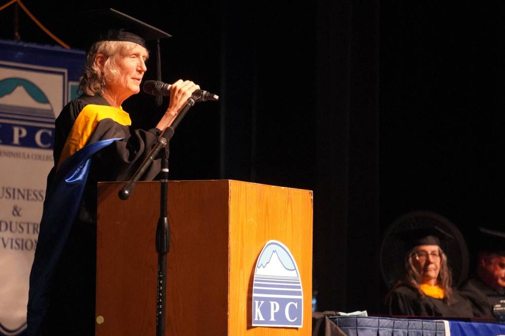 Libby Roderick delivers the keynote speech during the 55th Annual Kenai Peninsula College Commencement Ceremony, held at Kenai Central High School in Kenai, Alaska, on Thursday, May 8, 2025. (Jake Dye/Peninsula Clarion)