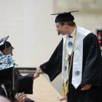 Nikiski valedictorian Wyatt Maguire greets his classmates before delivering an address during a commencement ceremony at Nikiski/Middle High School in Nikiski, Alaska, on Monday, May 19, 2025. (Jake Dye/Peninsula Clarion)