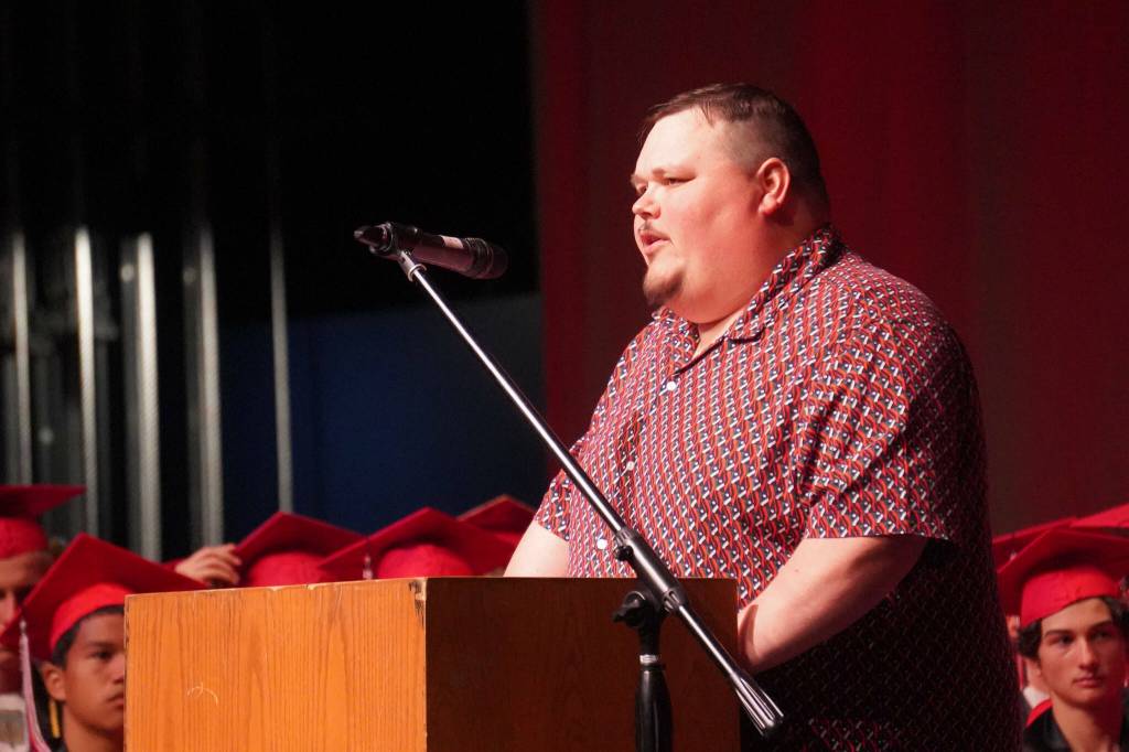 Matthew Cross speaks during the Kenai Central High School graduation ceremony in Kenai, Alaska, on Tuesday, May 20, 2025. (Jake Dye/Peninsula Clarion)