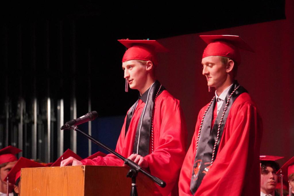 Valedictorians Oliver Boersma and Elliot Hanson speak during the Kenai Central High School graduation ceremony in Kenai, Alaska, on Tuesday, May 20, 2025. (Jake Dye/Peninsula Clarion)