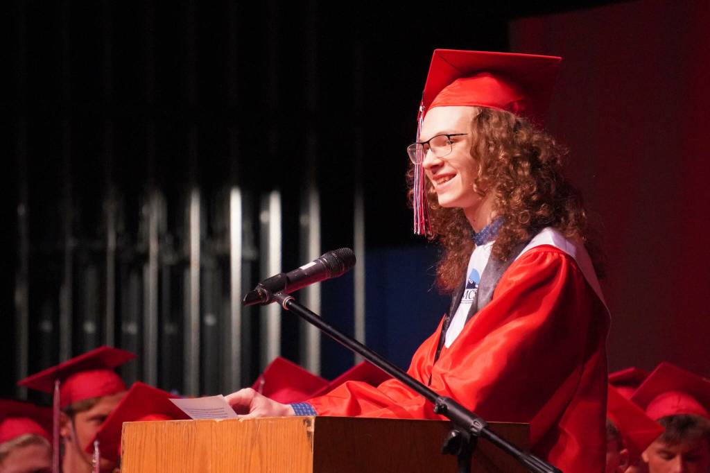 Gavin Hunt speaks during the Kenai Central High School graduation ceremony in Kenai, Alaska, on Tuesday, May 20, 2025. (Jake Dye/Peninsula Clarion)