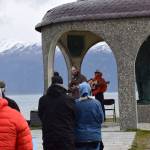 Pastor Jamie McBride addresses the crowd during the annual Blessing of the Fleet at the Seafarers Memorial in Homer, Alaska on Tuesday, May 20, 2025. (Chloe Pleznac/Homer News)