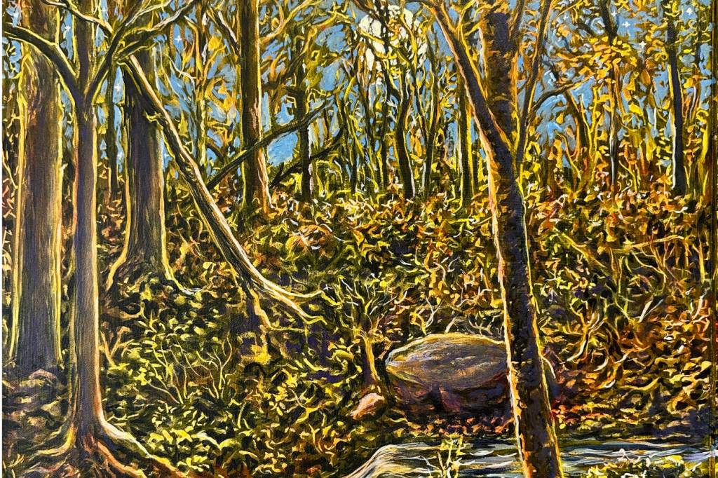 "Woodland Moon" is a 2023 acrylic painting by Dan Coe on display through June 2025 at the Art Shop Gallery in Homer, Alaska. Photo by Christina Whiting