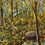 "Woodland Moon" is a 2023 acrylic painting by Dan Coe on display through June 2025 at the Art Shop Gallery in Homer, Alaska. Photo by Christina Whiting