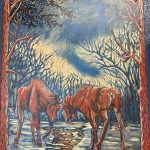 Sparring Moose is a 2023 acrylic painting on wood by Dan Coe on display through June 2025 at the Art Shop Gallery in Homer, Alaska. Photo by Christina Whiting