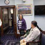Rosita Kaaháni Worl congratulates X̱’unei Lance Twitchell on his accomplishments in language preservation at his legislative citation ceremony at the Alaska State Capitol on Saturday, June 28, 2025. (Ellie Ruel / Juneau Empire)
