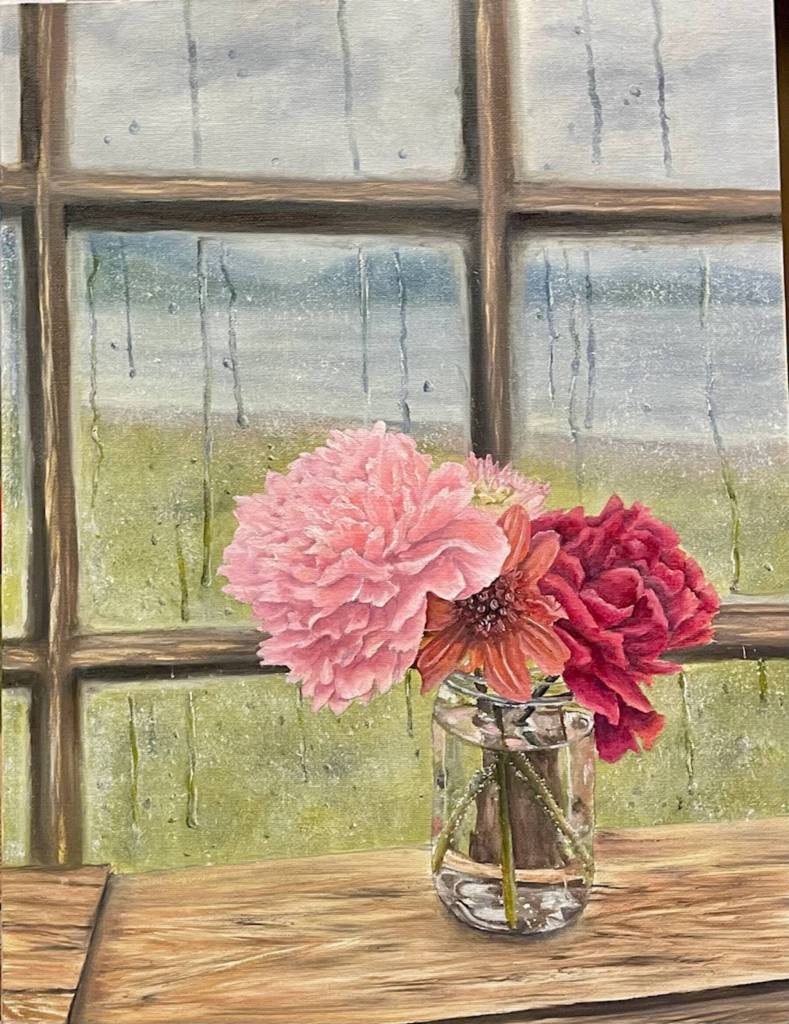 Raspberry Sunday is an oil painting by Homer artist Jen DePesa on display through July 2025 in her solo exhibit at Grace Ridge Brewing in Homer, Alaska. DePesas painting is also featured on the brewerys special peony brew. Photo provided by Grace Ridge Brewing