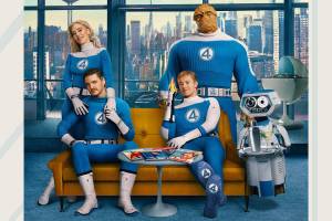 Vanessa Kirby is Sue Storm, Pedro Pascal is Reed Richards, Joseph Quinn is Johnny Storm and Ebon Moss-Bachrach is Ben Grimm in Fantastic Four: First Steps. (Promotional image courtesy Marvel Studios)