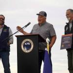George Derkevorkian speaks after receiving the Outstanding Individual in Oil and Gas Award during the 2025 Industry Appreciation Day at the Kenai Softball Greenstrip in Kenai, Alaska, on Saturday, Aug. 23, 2025. (Jake Dye/Peninsula Clarion)