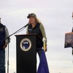 Sierra Minder, of Alaska Oil & Gas Association, speaks after AOGA received the Outstanding Support Organization for Oil and Gas Award during the 2025 Industry Appreciation Day at the Kenai Softball Greenstrip in Kenai, Alaska, on Saturday, Aug. 23, 2025. (Jake Dye/Peninsula Clarion)