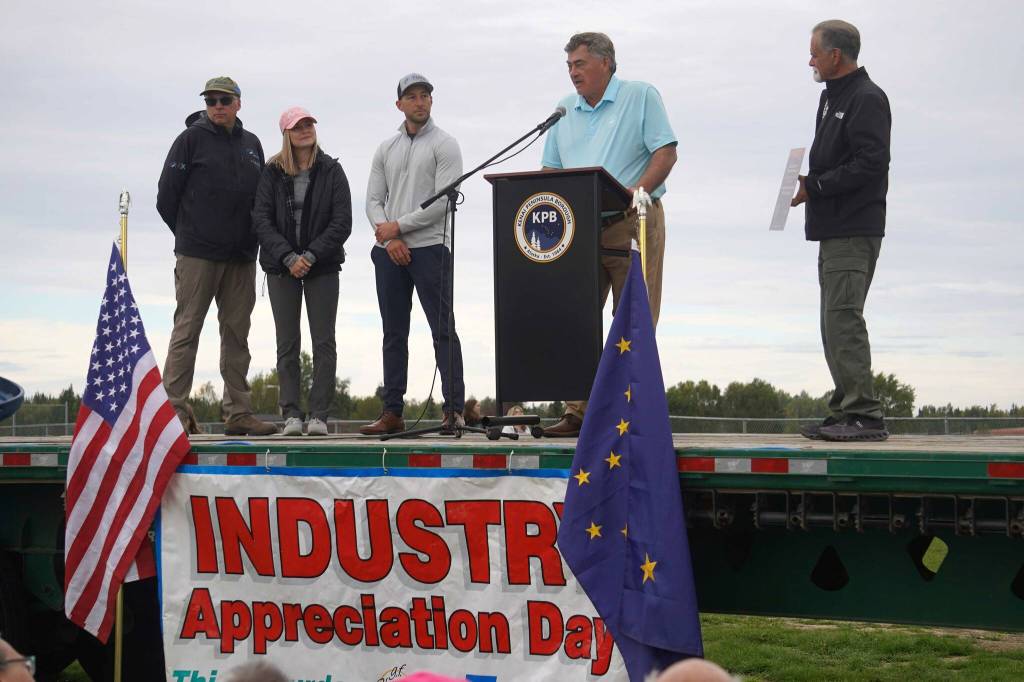 John Hendrix, of Furie Operating Alaska/HEX Cook Inlet, speaks after receiving the Outstanding Business in Oil and Gas Award during the 2025 Industry Appreciation Day at the Kenai Softball Greenstrip in Kenai, Alaska, on Saturday, Aug. 23, 2025. (Jake Dye/Peninsula Clarion)