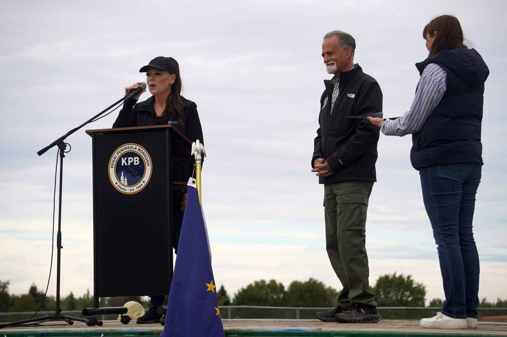 Shanon Davis speaks after receiving the Spirit of Industry Appreciation Day Award during the 2025 Industry Appreciation Day at the Kenai Softball Greenstrip in Kenai, Alaska, on Saturday, Aug. 23, 2025. (Jake Dye/Peninsula Clarion)