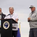 Former Kenai Mayor John Williams speaks after the City of Kenai received the Perseverance Award during the 2025 Industry Appreciation Day at the Kenai Softball Greenstrip in Kenai, Alaska, on Saturday, Aug. 23, 2025. (Jake Dye/Peninsula Clarion)