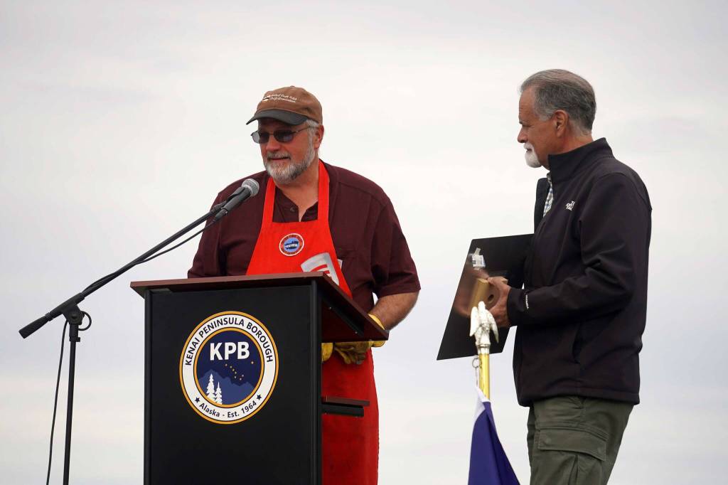 Teague Vanek speaks after receiving the Outstanding Individual in Commercial Fishing Award during the 2025 Industry Appreciation Day at the Kenai Softball Greenstrip in Kenai, Alaska, on Saturday, Aug. 23, 2025. (Jake Dye/Peninsula Clarion)