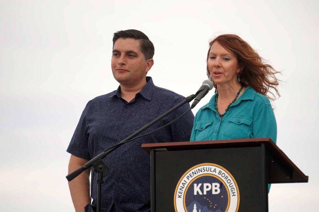 Kelly Marre speaks after receiving the Outstanding Individual in Health Care Award during the 2025 Industry Appreciation Day at the Kenai Softball Greenstrip in Kenai, Alaska, on Saturday, Aug. 23, 2025. (Jake Dye/Peninsula Clarion)