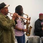 Al Strong, Joseph Miller and Henry Conerway III perform during a jazz workshop put on by Svetlana and the New York Collective at the Soldotna Public Library in Soldotna, Alaska, on Tuesday, Aug. 26, 2025. (Provided by KDLL 91.9 FM)