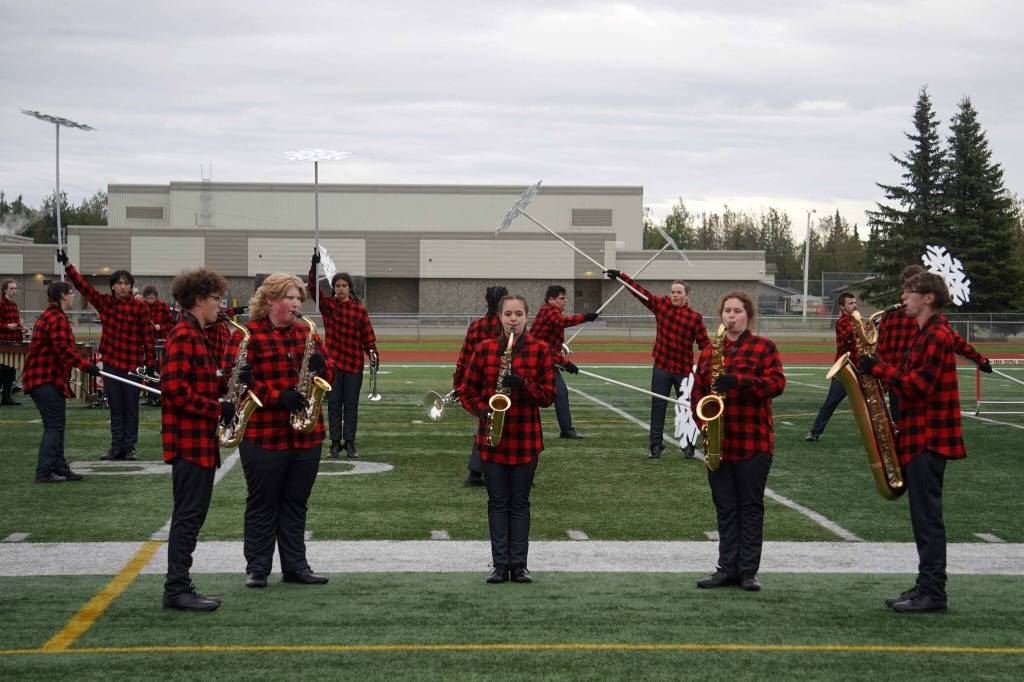 The Kenai Marching Band performs during the Second Annual Kenai Marching Showcase at Kenai Central High School in Kenai, Alaska. (Jake Dye/Peninsula Clarion)