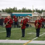 The Kenai Marching Band performs during the Second Annual Kenai Marching Showcase at Kenai Central High School in Kenai, Alaska. (Jake Dye/Peninsula Clarion)