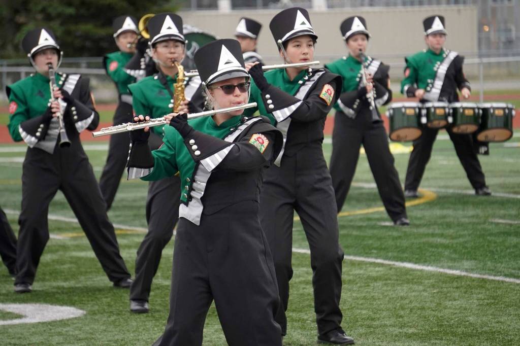 The Colony High School Marching Band performs during the Second Annual Kenai Marching Showcase at Kenai Central High School in Kenai, Alaska. (Jake Dye/Peninsula Clarion)