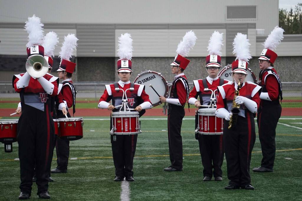 The Wasilla High School Marching Band performs during the Second Annual Kenai Marching Showcase at Kenai Central High School in Kenai, Alaska. (Jake Dye/Peninsula Clarion)
