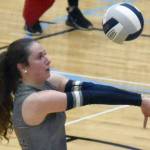 Soldotna's Grayson Henry digs up a ball against Homer on Tuesday, Sept. 9, 2025, at Soldotna High School in Soldotna, Alaska. (Photo by Jeff Helminiak/Peninsula Clarion)