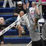 Soldotnas Cassidy Kruse attacks against Nikiskis Blakeley Jorgensen and Addison Perkins on Tuesday, Sept. 16, 2025, at Soldotna High School in Soldotna, Alaska. (Photo by Jeff Helminiak/Peninsula Clarion)