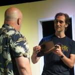 Sean Morgan and Tony Mika rehearse If Men Played Cards as Women Do at the Kenai Performers Theater near Soldotna, Alaska, on Saturday, Sept. 13, 2025. (Jake Dye/Peninsula Clarion)