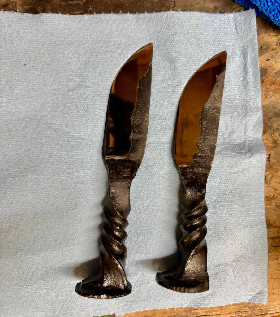A set of two knives made by Homer youth Jaxon Bourne have been forged out of railway spikes. Photo provided by Jaxon Bourne