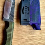 A small chopper or large skinner knife crafted by Jaxon Bourne is made from an old lawnmower blade, with a handle made from stabilized curly maple. Photo provided by Jaxon Bourne