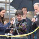 Homer High School Student Body President Marina Co and Vice President Reid Rauch cut the ribbon on Thursday, Sept. 11, 2025 while KPB Mayor Peter Micciche and Homer High School Principal Eric Pederson look on. (Chloe Pleznac/Homer News)