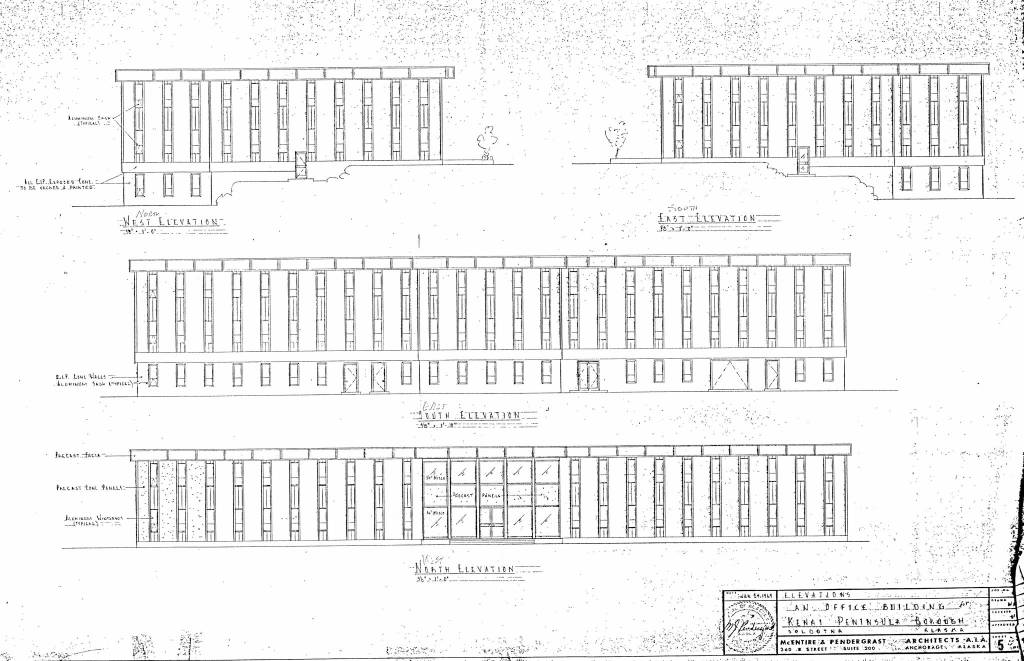 Plans for the new administration building for the Kenai Peninsula Borough show the exterior elevation profiles.