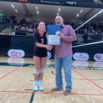 Photo courtesy of the Kenai Volleyball Booster Club
Kenai junior Sage Wilson (3) is named Player of the Match on Friday, Nov. 14, following the semifinal game against Nikiski during the 3A Volleyball State Championship Tournament at the Alaska Airlines Center in Anchorage.