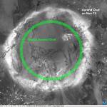 This mosaic image shows combined passes from NOAA 21, Suomi NPP and NOAA 20 satellites. All show the auroral oval during the geomagnetic storm of Nov. 11-12, 2025. Vincent Ledvina, a graduate student researcher at the UAF Geophysical Institute, added the typical auroral oval to the image before posting it to his Facebook page (Vincent Ledvina  The Aurora Guy). Image by National Oceanic and Atmospheric Administration and Vincent Ledvina.
