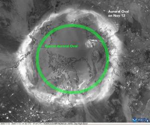 This mosaic image shows combined passes from NOAA 21, Suomi NPP and NOAA 20 satellites. All show the auroral oval during the geomagnetic storm of Nov. 11-12, 2025. Vincent Ledvina, a graduate student researcher at the UAF Geophysical Institute, added the typical auroral oval to the image before posting it to his Facebook page (Vincent Ledvina  The Aurora Guy). Image by National Oceanic and Atmospheric Administration and Vincent Ledvina.