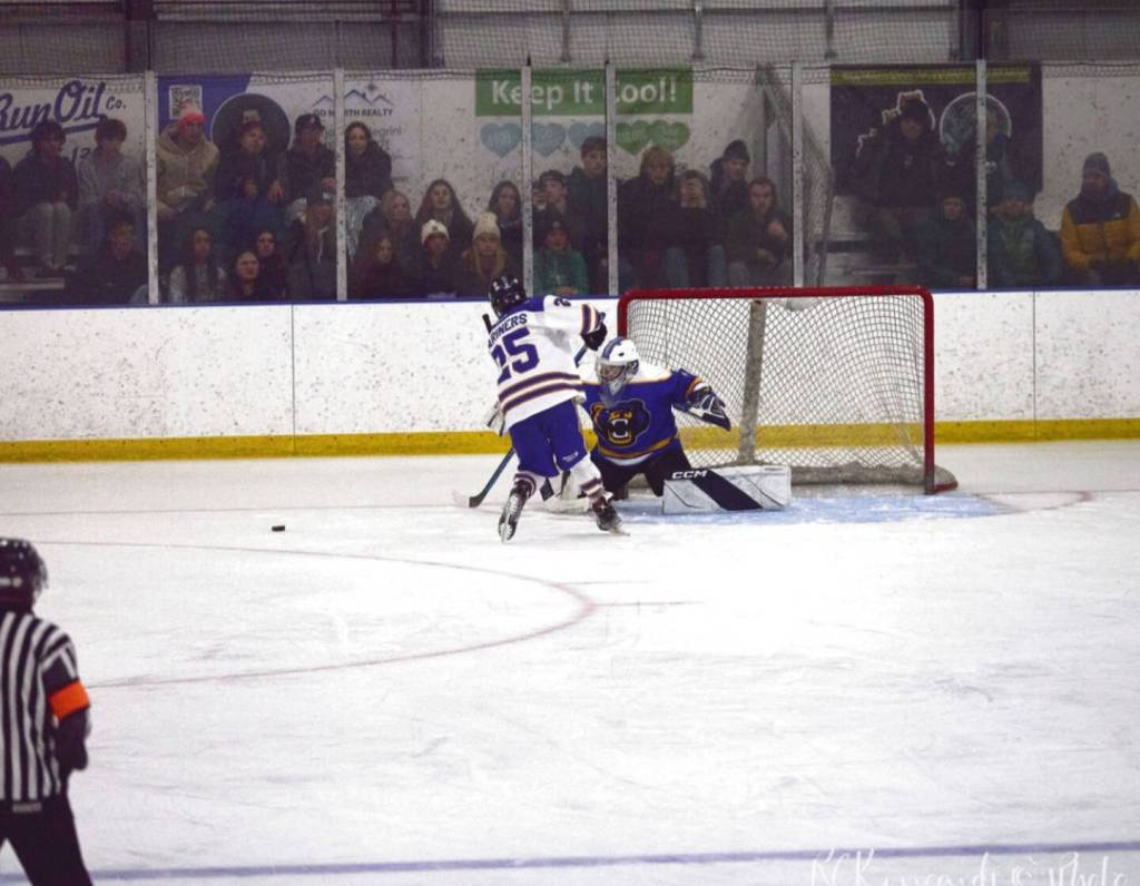 Photo courtesy Christopher Kincaid/RCKincaidPhoto
Junior Cohen Boyd takes a shot against the Kodiak goalie during the End of the Road Shootout, held Nov. 20-22 at Kevin Bell Arena.