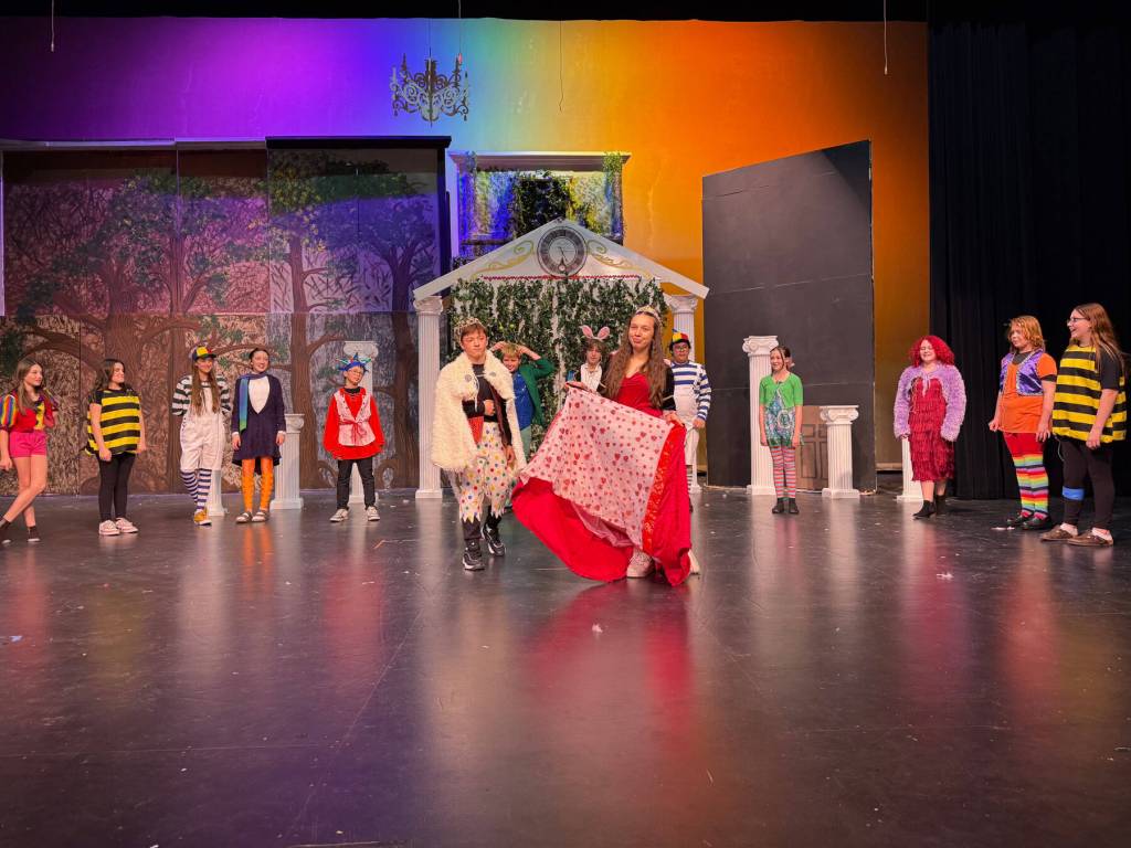 Emily Porter, an eighth grader playing the Queen of Hearts, attends rehearsal on Dec. 2<ins>, </ins><ins>2025</ins>. The upcoming production of Alice in Wonderland is directed entirely by the high school upperclassmen, and Porter said she has enjoyed working with the older students. Photo courtesy of Carla Jenness