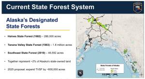 A map presented by the Alaska Department of Natural Resources during a virtual meeting on Dec. 11, 2025, shows the location of a potential Kenai Peninsula State Forest. The Division of Forestry and Fire Protection must gather community perspectives before creating a proposal, and so far theyve received mixed input. Screenshot.