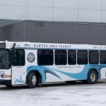 A Kahtnu Area Transit bus leaves the Transit Center building located at the corner of the Kenai Spur Highway and Marathon Road in Kenai, Alaska. The new service connects Nikiski, Kenai, Soldotna and Sterling. Photo courtesy Kahtnu Area Transit.