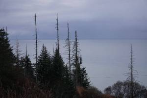 Low clouds hang over Cook Inlet north of Anchor Point on Oct. 23, 2025. (Photo by Yereth Rosen/Alaska Beacon)