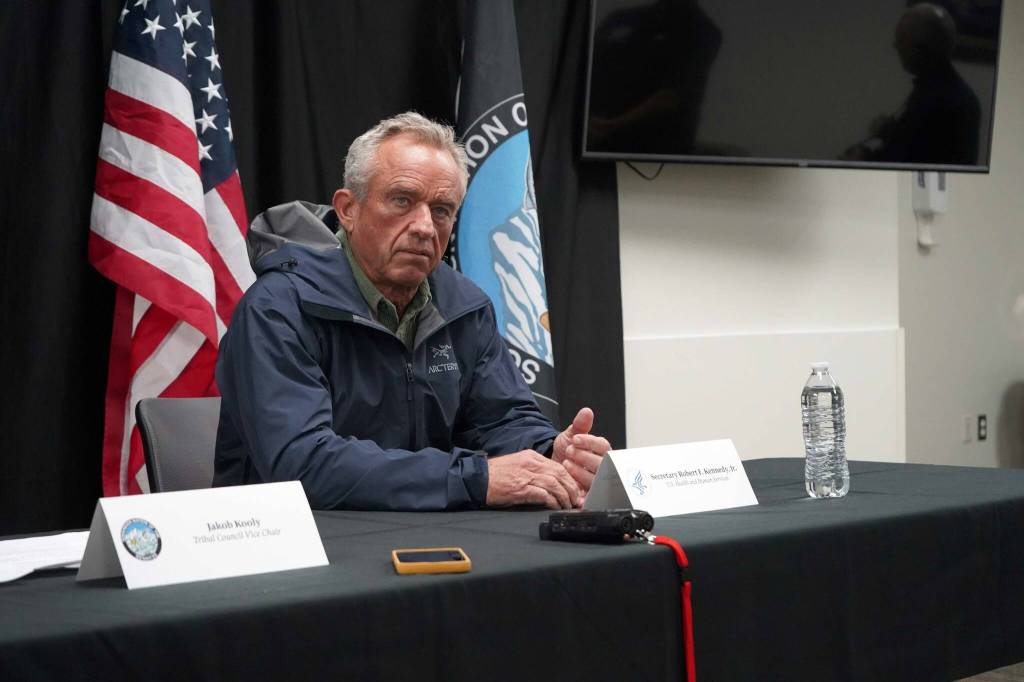 Robert F. Kennedy Jr., U.S. secretary of health and human services, speaks during a press conference at the Denaina Wellness Center in Kenai, Alaska, on Thursday, Aug. 7, 2025. (Jake Dye/Peninsula Clarion)