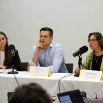Sadie Friedman, Dale Eicher and Leslie Morton, candidates for the Kenai Peninsula Borough Assemblys Sterling and Funny River seat, participate in a candidate forum at the Soldotna Public Library on Thursday, Aug. 28, 2025. (Jake Dye/Peninsula Clarion)