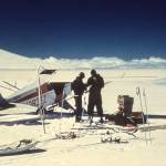 Carl Benson, right, and pilot Jack Wilson of Copper Center confer after landing near the summit of 14,000-foot Mount Wrangell. Photo courtesy of the UAF Geophysical Institute